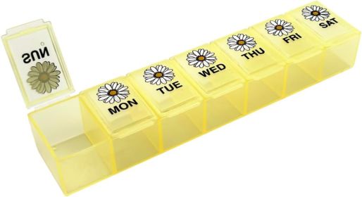 Weekly (7-Day) Daily Pill Case, Medicine Planner, Vitamin Organizer, Supplement Container, Large Compartments, Yellow Daisy Days Design, Easy-to-Open