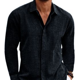 Long Sleeve T-shirt Undershirt Solid Color Long Sleeve Cotton Linen Shirt Men (Option: Black-S)