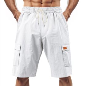 Loose Sports And Leisure Solid Color Linen Drawstring Shorts (Option: L-White with Label)