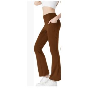 Ladies Mid Waist Abdominal-shaping Slimming Cropped Pants Casual Pocket Bootcut Trousers (Option: Coffee-L)