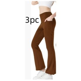 Ladies Mid Waist Abdominal-shaping Slimming Cropped Pants Casual Pocket Bootcut Trousers (Option: Coffee 3PC-S)