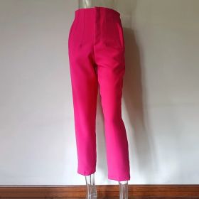 Pleated Casual High Waist Pure Color Slim-fit Basic Pants (Option: Rose Red-XS)
