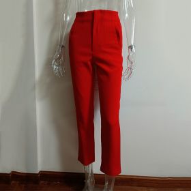Pleated Casual High Waist Pure Color Slim-fit Basic Pants (Option: Red-XS)