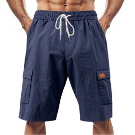 Loose Sports And Leisure Solid Color Linen Drawstring Shorts (Option: S-Dark Blue with Label)