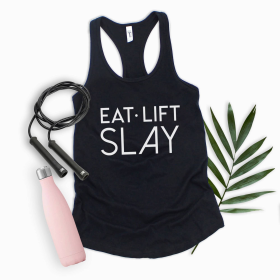 EAT LIFT SLAY Motivational Workout Tank Top for Women (Color: Black, size: X Small)