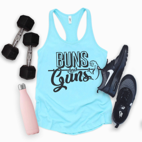 Buns & Guns Funny Gym Shirt | Fitness Tank Top (Color: Cancun, size: X Small)