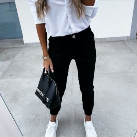 Women's Autumn Pocket Slim Fashion Casual Cropped Trousers (Option: Black-L)