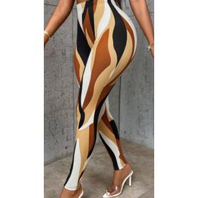 Casual Colorblock Slim Fit Stretchy Random Printed Leggings (Option: Brown-XL)