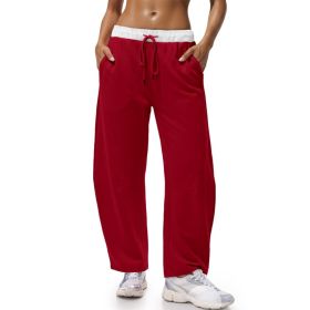 Fisoew Womens Wide Leg Sweatpants Baggy Drawstring Elastic Waisted Travel Track Pants Color Block Joggers With Pockets (Option: Red-M)