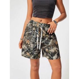 Women's Loose Casual Drawstring Branch Camouflage Printing Shorts (Option: Brown-S)