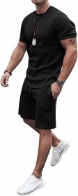 Men's 2 Piece Short Sets Outfits Round Collar Suit Solid Color Casual Track Suits (Color: BLACK-S)