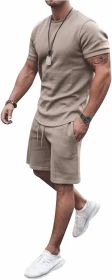 Men's 2 Piece Short Sets Outfits Round Collar Suit Solid Color Casual Track Suits (Color: BROWN-L)