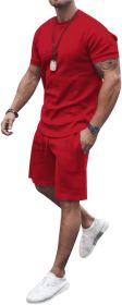 Men's 2 Piece Short Sets Outfits Round Collar Suit Solid Color Casual Track Suits (Color: RED-M)