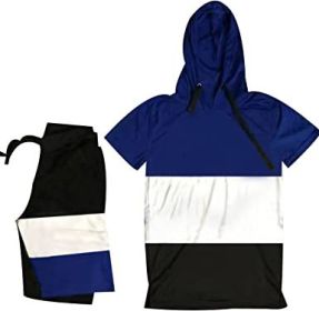 Men's Casual Stitching Color 2 Piece Short Sets Outfits Loose Hooded Short-Sleeved T-shirt + Shorts Siuts (Color: 05-S)