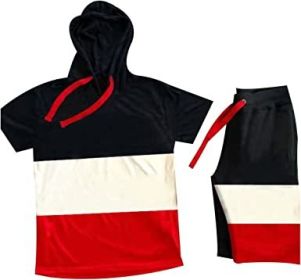 Men's Casual Stitching Color 2 Piece Short Sets Outfits Loose Hooded Short-Sleeved T-shirt + Shorts Siuts (Color: 03-L)