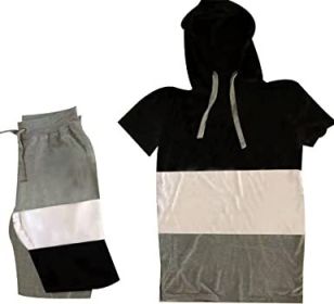 Men's Casual Stitching Color 2 Piece Short Sets Outfits Loose Hooded Short-Sleeved T-shirt + Shorts Siuts (Color: 06-S)
