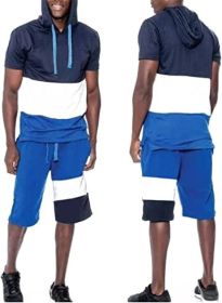Men's Casual Stitching Color 2 Piece Short Sets Outfits Loose Hooded Short-Sleeved T-shirt + Shorts Siuts (Color: 02-S)