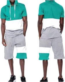 Men's Casual Stitching Color 2 Piece Short Sets Outfits Loose Hooded Short-Sleeved T-shirt + Shorts Siuts (Color: 04-S)