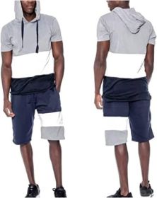 Men's Casual Stitching Color 2 Piece Short Sets Outfits Loose Hooded Short-Sleeved T-shirt + Shorts Siuts (Color: 01-M)