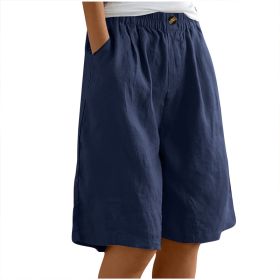 Women's Casual High Waist Loose Fit Solid Color Shorts - Button & Elastic Waist With Pockets, Comfortable Summer Shorts (Option: Navy Blue-L)