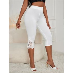 Fashion Slim Fit High Waist Pure Color Lace Patchwork Base Cropped Pants (Option: White-S)