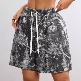 Women's Loose Casual Drawstring Branch Camouflage Printing Shorts (Option: Gray-M)