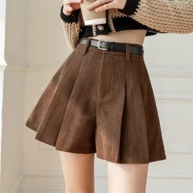 Corduroy Pleated Slim Casual Wide-leg Shorts Women (Option: Brown-2XL)