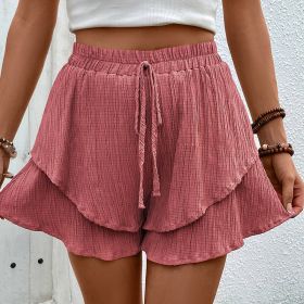 Women's Fashion Casual Double Circle Short Pants (Option: Rosewood Color-L)