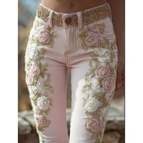 Women's Retro Pink Rose Embroidered Artistic Printed Jeans Elegant (Option: Pink-XL)