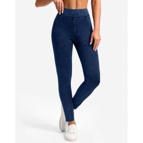 High Waist Slimming Hip Raise Tight Double Pocket Sports Casual Ankle Banded Pants (Option: Dark Blue-L)